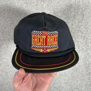 Vintage 90s The great race black roped trucker style leather strap back hat cap